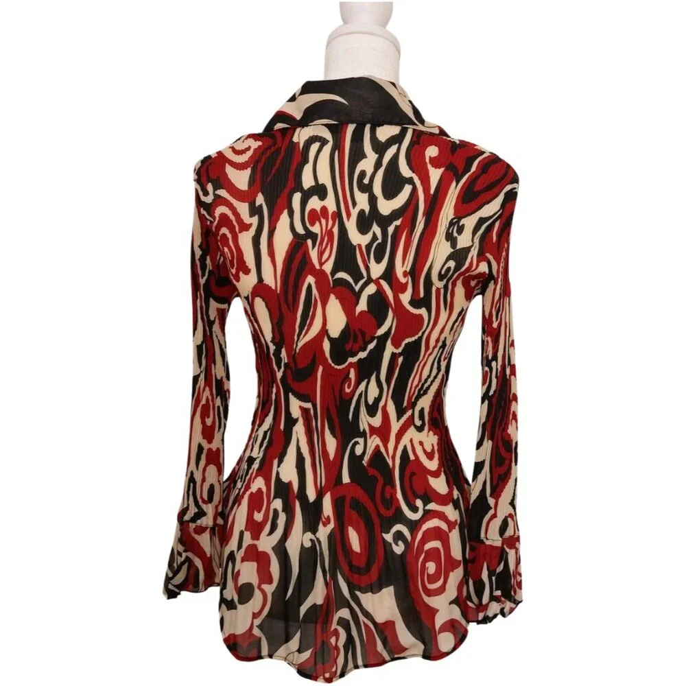 Vintage Y2K 90s Sere Nade Abstract Red Design Long Sleeve Plisse Blouse Medium - Picture 4 of 6